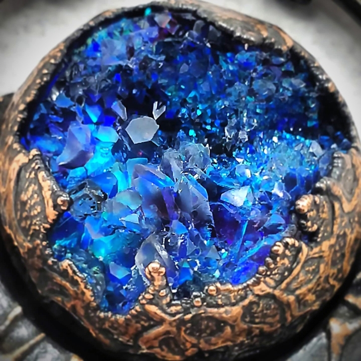 Bijou cuivre géode cristal biomech biomec biomecanique bleu alien