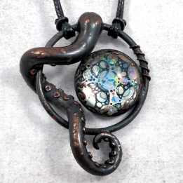 Bijou tentacule cuivre cabochon holographique holo collier pieuve octopus poulpe